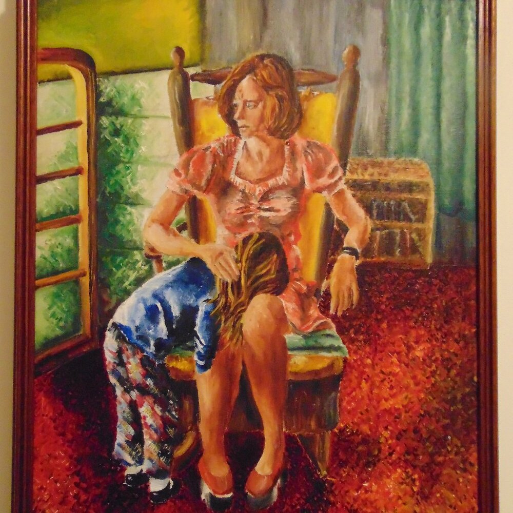 Original Oil Painting on Canvas, Little Girl & Teacher, Wood Frame, 26.3 x 22.3